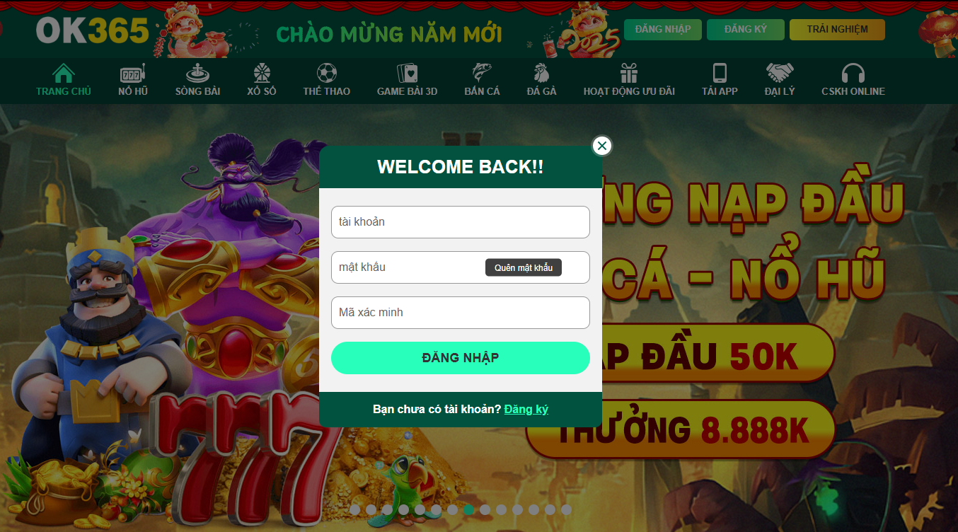Hướng Dẫn Đăng Nhập OK365 Nhận Ngay Code Tân Thủ 2 Form điền thông tin đăng nhập Ok365 tại trang chủ